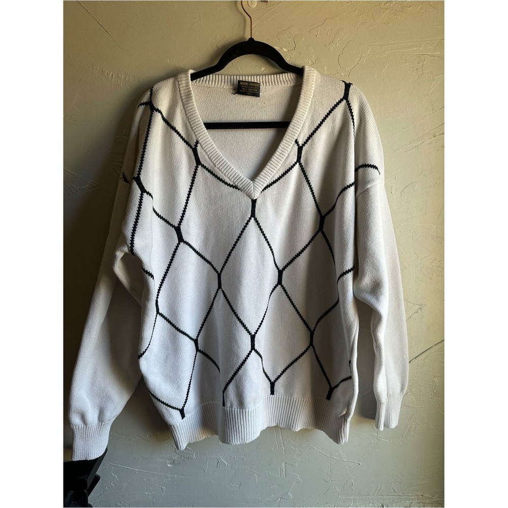Vintage Brooks Brothers Cotton Argyle V Neck Sweater Preppy Tennis XL White